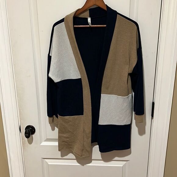 Emerald Blue and Tan Color-blocked Cardigan - Picture 1 of 5